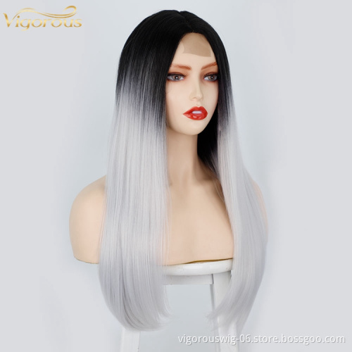 2 Tone Color Ombre Wigs Lace Front for Women Synthetic Long Straight Middle Part Heat Resistant Fiber Hair Natural Looking Wig